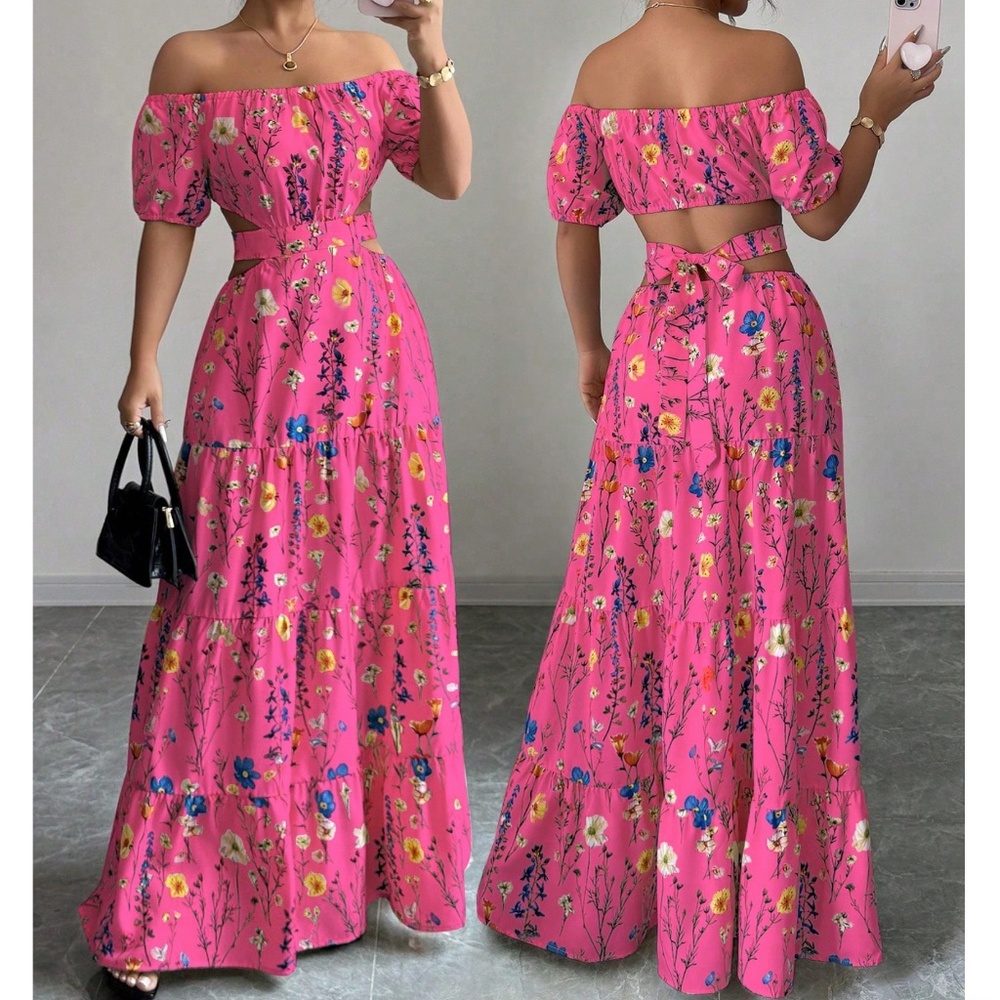 Boho Floral Print Off Shoulder Puff Sleeve Cut out Maxi Dress